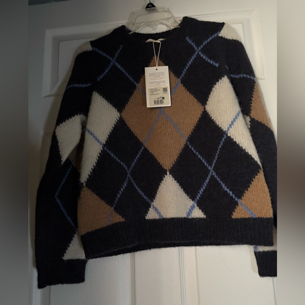 NWT!! Sézane Gabriel Jumper Navy Camel Ecru Jacquard - Size M